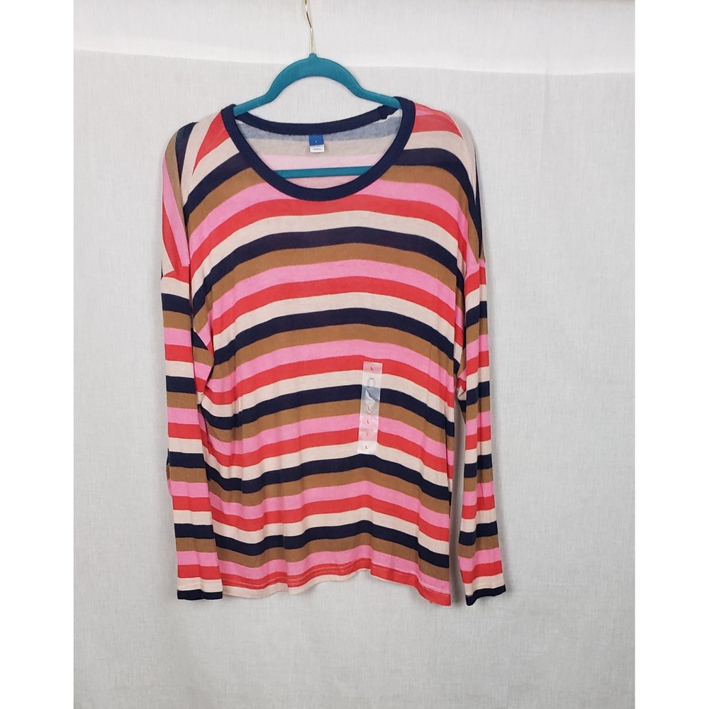 Old Navy Womens Rainbow Colorful Stripe Knit Casual Top L Mod Retro Preppy Pride